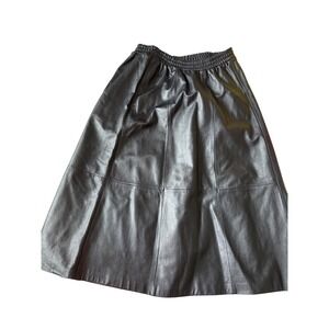 Genuine Leather Midi Skirt Elastic‎ Waist Panelled A Line Korean Style